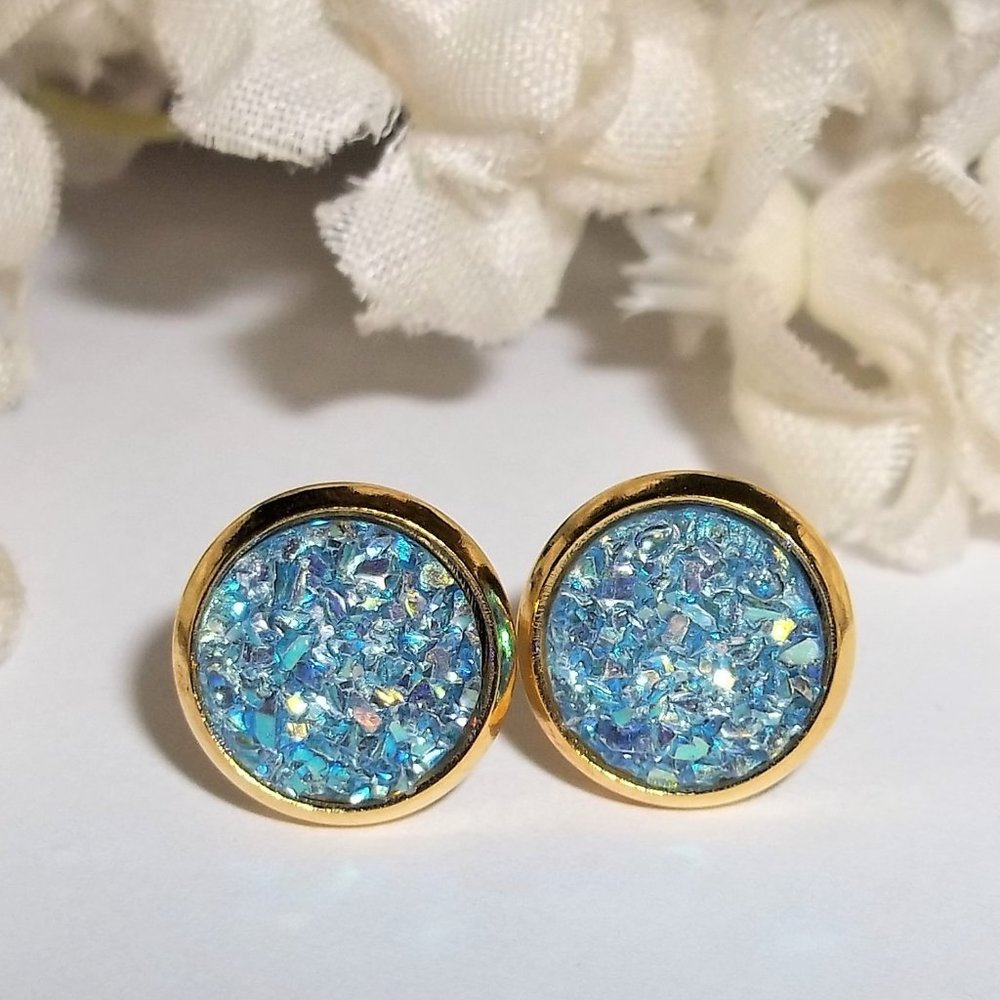 Earring Medium Turquoise Blue Gold Druzy Drusy Jewelry Gift Idea For Her A152